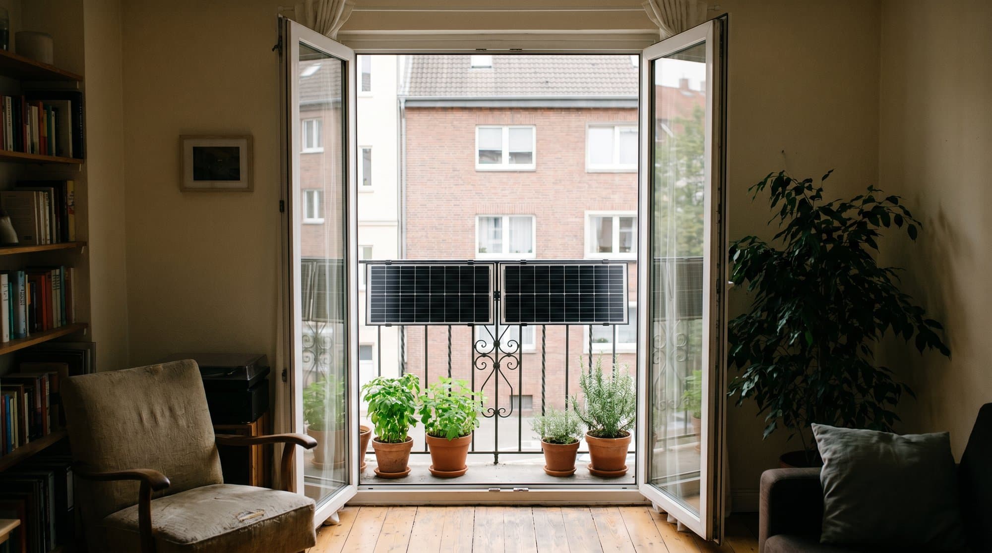 An apartment balcony with two slim solar panels mounted to a wrought-iron railing, viewed from inside through open glass doors with houseplants nearby
